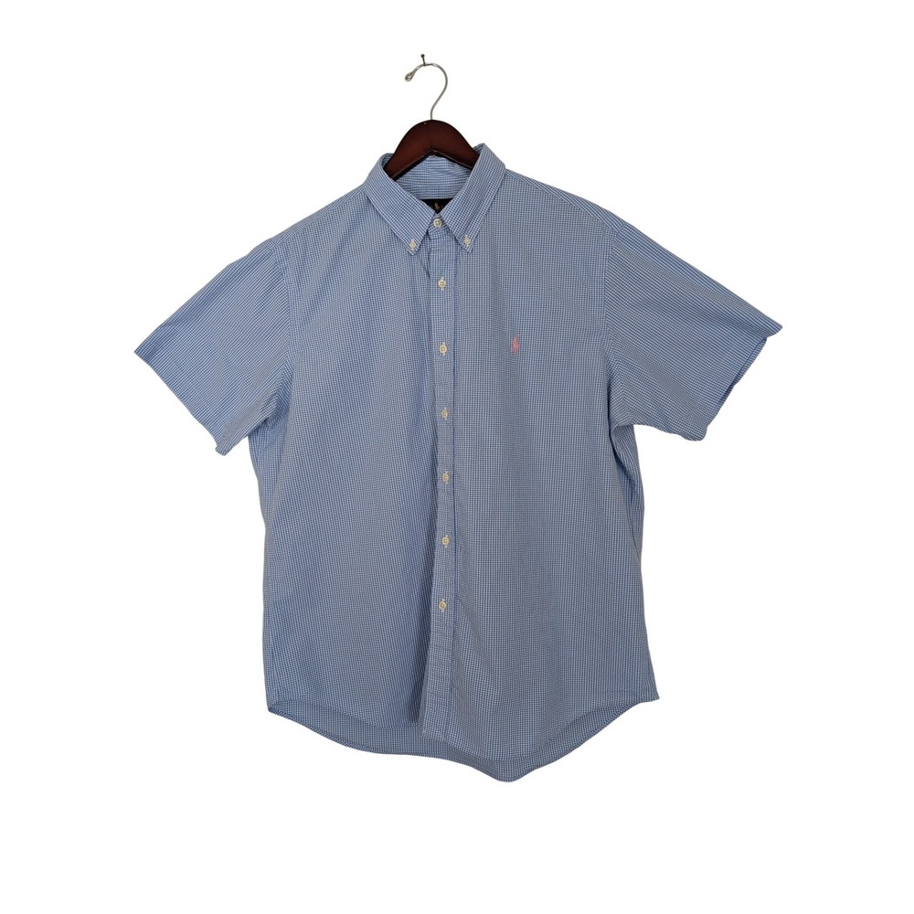 Ralph Lauren Mens Shirt XL Blue Gingham Short Sleeve Button Down  Pink Pony
